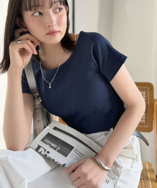 毎日にちょうどいい、きれいめRIB。ラグラン×リブで叶える、すっきり美シルエット！クルーネックラグランRIBトップス(半袖） ce1260618