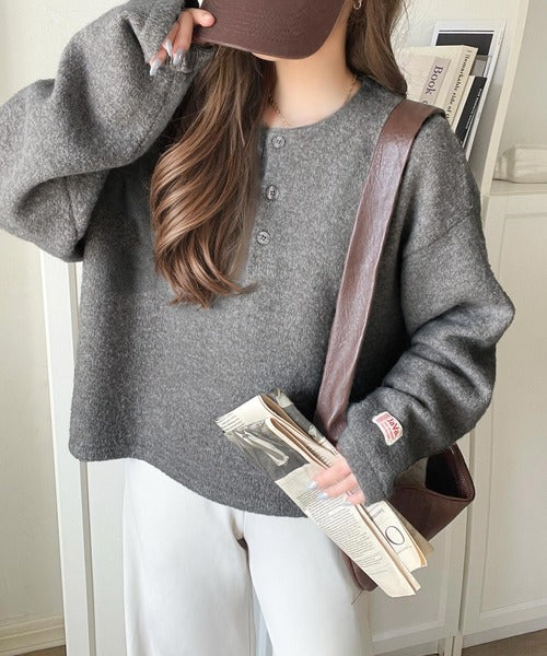 《JaVaジャバコラボ》ボーダー＆無地で大人女子のリアルバイ◎ヘンリーネックラガーニットプルオーバー（長袖） jv1020270