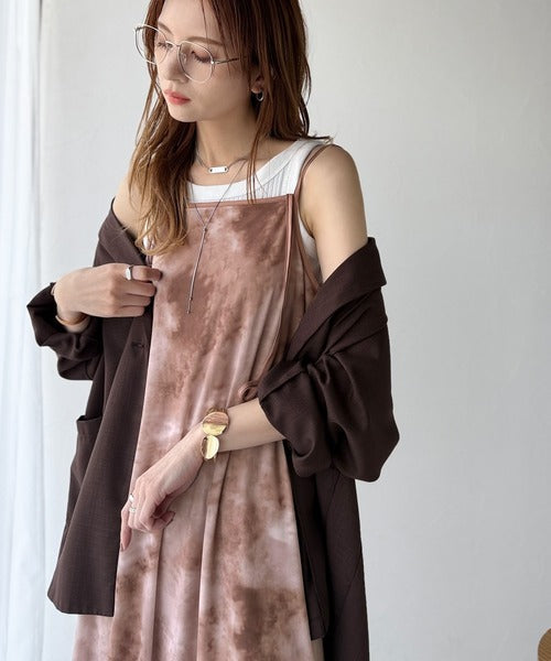そよ風シフォン♪ふわり柔らかシルエットで“涼”を着回す。前後2wayチュールレイヤードロングキャミワンピース（ブラック＆マーブル柄） ce1240090