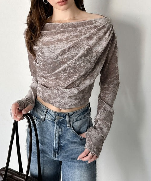 【mily bilet】一歩先のオシャレにアップデート！クラッシュベロアワンオフショルドレーププルオーバー（サムホール付き） mi1269007