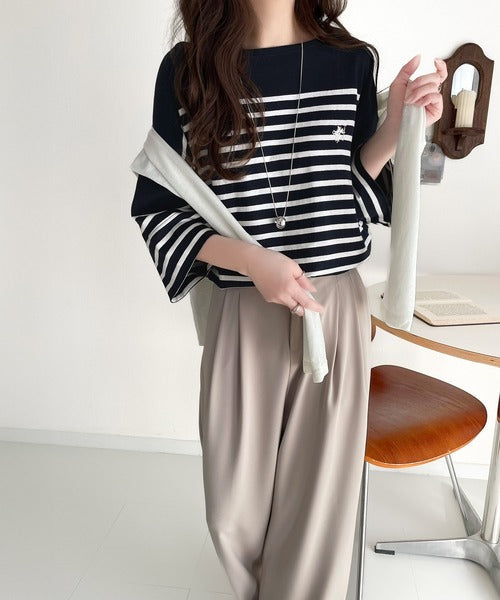 【sustaina+】ラフにキマる大人スタイル。オーガニックコットン100%オーバーサイズパネルボーダーTシャツ(半袖) ce1260324