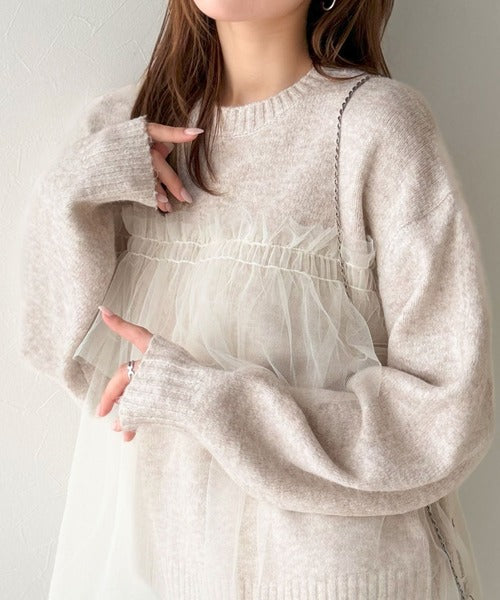 大人の女性にぴったり！チュールドッキングボリュームスリーブニット（長袖） ce1260441