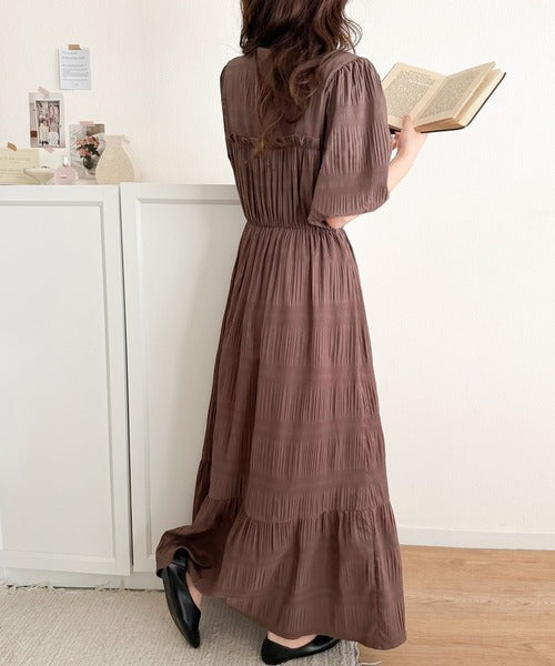 【mily bilet】1枚で華やぐ♪揺れ感シアーフリルリボンプリーツロングワンピース mi1019134