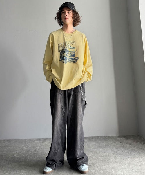 《JaVaジャバコラボ》ヴィンテージ感漂う綿100%クラシックカーグラフィックTシャツ（長袖） jo1150067