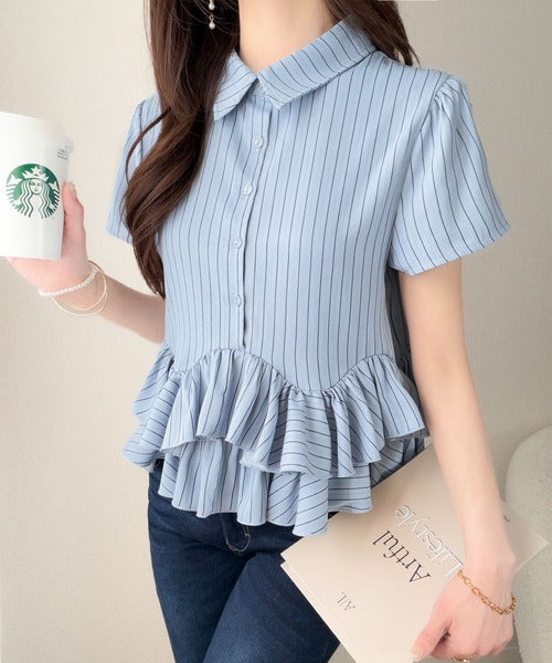 【mily bilet】360度どこから見ても可愛い！無地＆ストライプ襟付き裾ダブルフリルシャツ(半袖) mi1329096