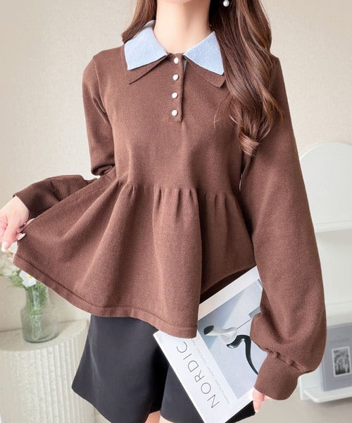 【mily bilet】衿でときめき、裾で華やぐ。パール調ボタン配色ダブルカラーペプラムニット（長袖） mi1359072