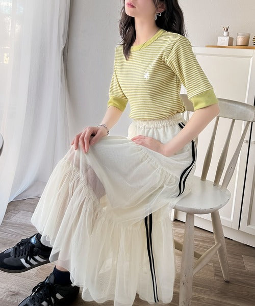大人可愛いの新定番。袖リンガーボートネック胸刺繍ボーダーTシャツ（半袖） ce1260419