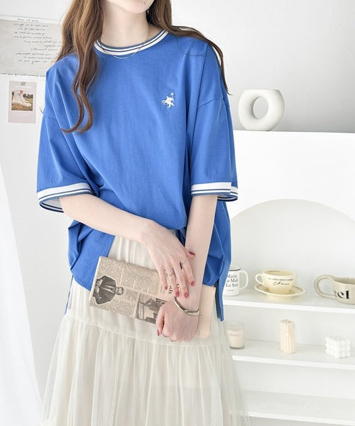 《JaVa ジャバコラボ》大人スポーティー。綿100%シルケット 配色刺繍Tシャツ jv1050074