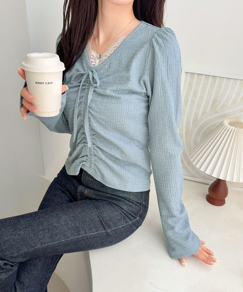 【mily bilet】レース×シャーリングで、甘さをひとさじ。レースドッキングパフスリーブジャガードトップス（長袖） mi1359080