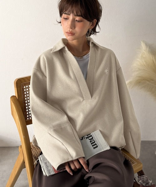 【Classical Evon】優しい温もり、上品見え。圧縮ニット襟付きキーネックプルオーバー ev1110143