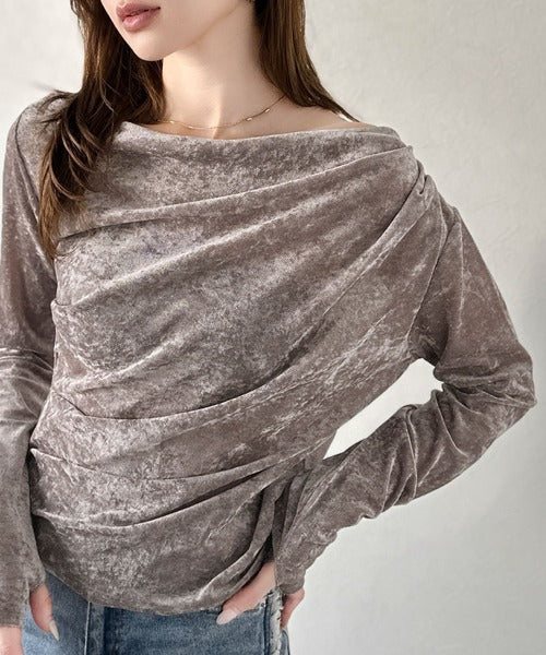 【mily bilet】一歩先のオシャレにアップデート！クラッシュベロアワンオフショルドレーププルオーバー（サムホール付き） mi1269007