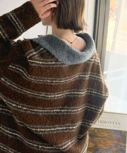 メンズライクに女子っぽさを。胸刺繍ブークレ配色ボーダーニットポロ（長袖） ce1240142