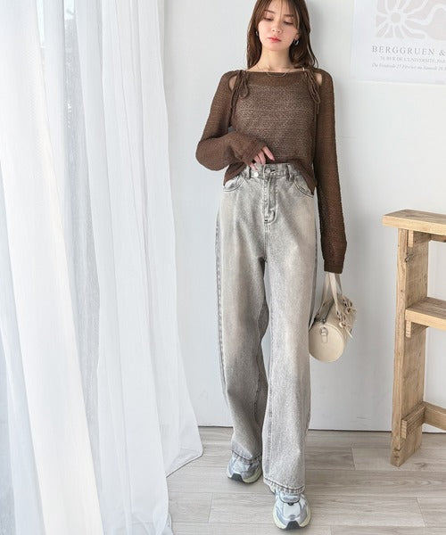 【mily bilet】大人かわいい肌見せを叶える。プレートデザイン前後2WAYメッシュ編み肩リボンニットプルオーバー（長袖） mi1259014