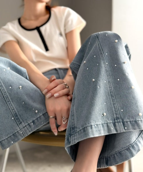 【mily bilet】カジュアルにきらめきを。パールビジューワイドストレートデニムパンツ mi1419001