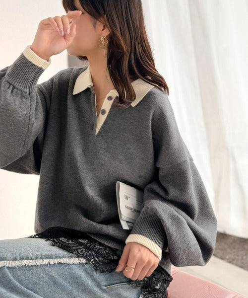 《JaVaジャバコラボ》たっぷりポロが可愛い。配色襟付きヘンリーオーバーサイズニット (長袖) jv1350020