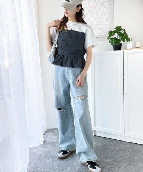 簡単おしゃれが叶う。Tシャツ×ビスチェドッキング半袖トップス ce1260345