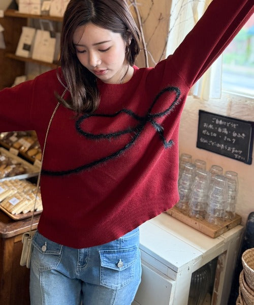 【mily bilet】ゆるっと可愛げ、ふわっと存在感。リボンフェザーコード刺繍ニット（長袖） mi1029130