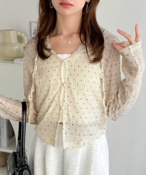 【mily bilet】カジュアルと清楚のドッキング。大人可愛い軽やかな一枚♪フード付き カーディガン風シアートップス mi1359046