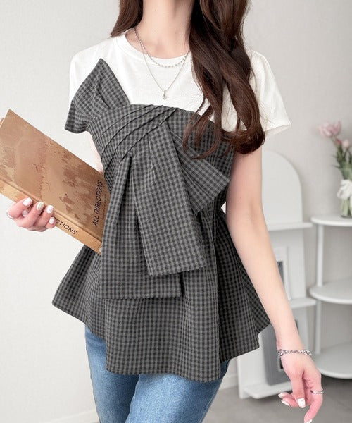 【mily bilet】忙しい朝も悩まない、初夏の一軍トップス。リボンビスチェドッキングTシャツ (半袖) mi1019145