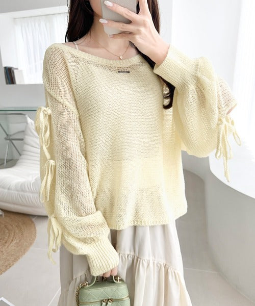 【mily bilet】大人のきらめき。プレートデザイン透かし編み袖リボンラメニット(ワンオフショル2way) mi1259009