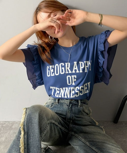 【mily bilet】可愛さふわり2倍増し！ ダブルフリル袖カレッジライクロゴゆるTシャツ mi1329036