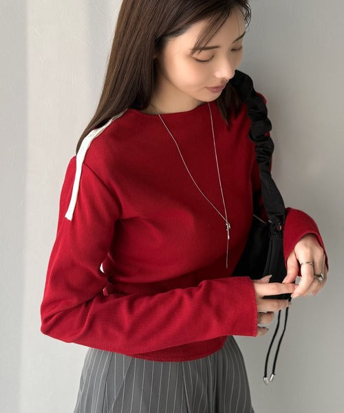 【mily bilet】甘さを添える大人の肌見せ。肩リボン使いスナップ２WAYワンオフショルカットソー（長袖） mi1329034