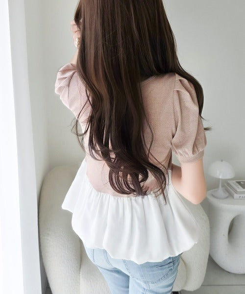 【mily bilet】きゅんとするシルエット。袖タックラメ混テレコリブ×異素材バルーントップス（半袖） mi1359056