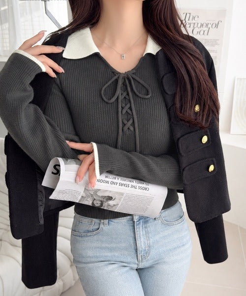 【mily bilet】大人可愛いは、引き算しない。ダブル襟配色レースアップリボンニットトップス（長袖） mi1359090