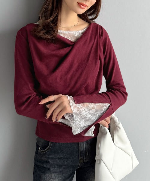 【mily bilet】「ちら見え」が可愛い♪レース切替え胸元ドレープフレアスリーブプルオーバー（長袖） mi1359019