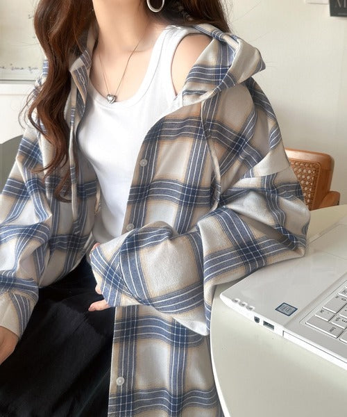 ゆるっと羽織ってかわいくキマる。”旬顔”  裾ドロスト微起毛チェック柄オーバーサイズシャツパーカー ce1010568