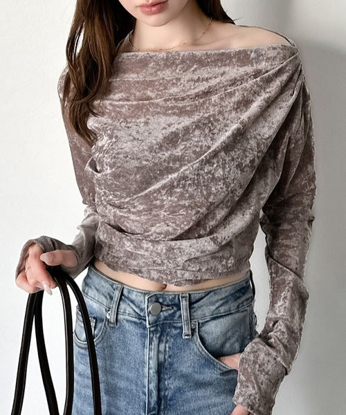 【mily bilet】一歩先のオシャレにアップデート！クラッシュベロアワンオフショルドレーププルオーバー（サムホール付き） mi1269007
