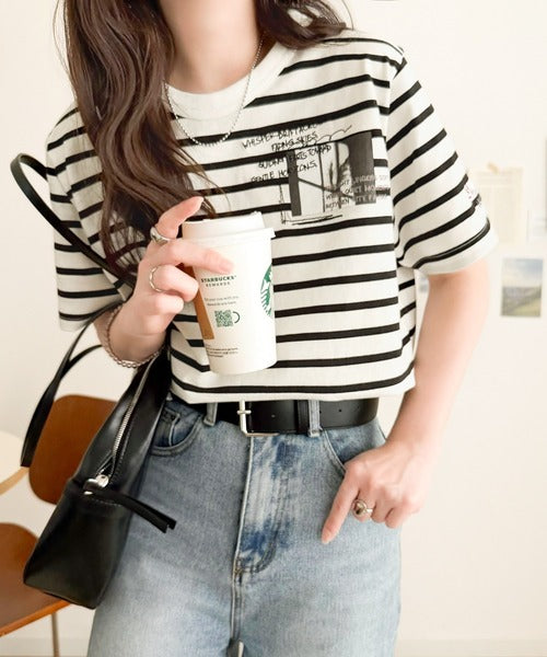 ラフでも品格、シンプルでも存在感。オーガニックコットン混 綿100％ グラフィック飛び刺繍フォトTシャツ（半袖） ce1260537