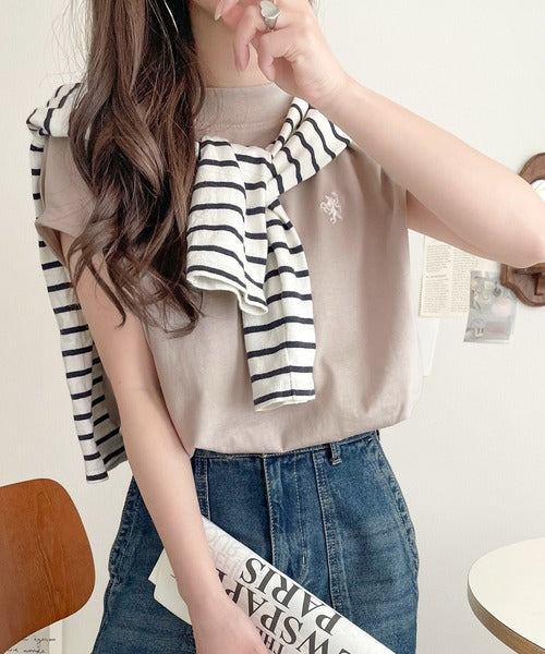 大人女子の上品ベーシック。綿100％シルケットモックネックフレンチTシャツ(刺繍) ce1260395