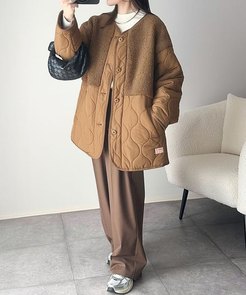 《JaVaジャバコラボ》軽くて暖かい、旬顔ボア切替♪ノーカラーひょうたんキルティングコート jv1240103