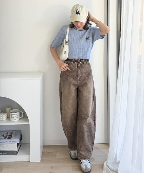 上品見え◎シンプルなのに着映える大人カジュアル。ケーブル編みサイン刺繍サマーニットトップス（半袖） ce1330093