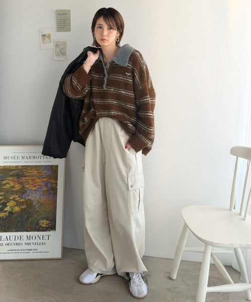メンズライクに女子っぽさを。胸刺繍ブークレ配色ボーダーニットポロ（長袖） ce1240142