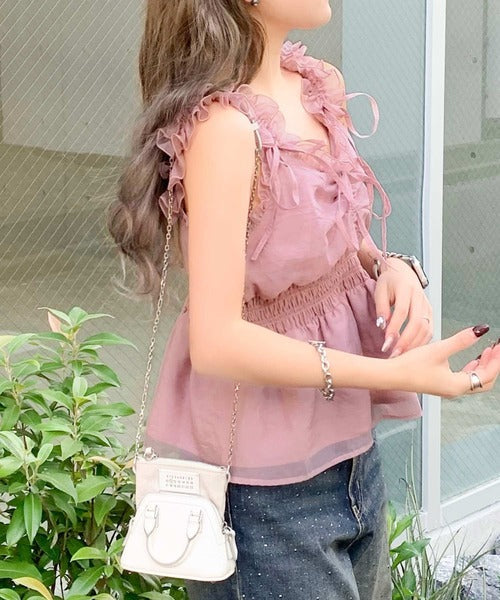 【mily bilet】愛され大人フェミニン。リボン使いフリルオーガンジービスチェキャミソール mi1019072