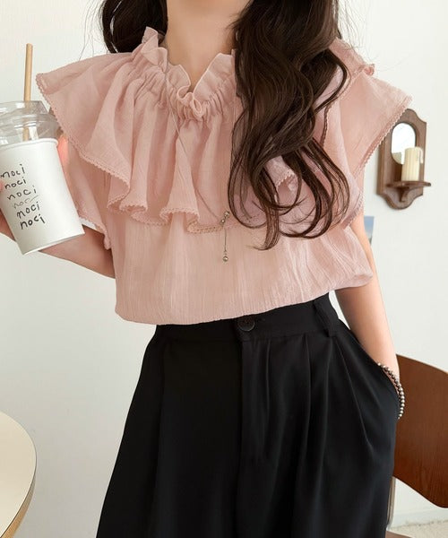 【mily bilet】マルチウェイで360度どこから見ても可愛い！ギャザーフリルリボンブラウス（半袖） mi1019132