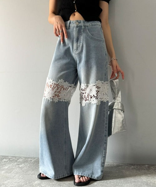 【mily bilet】特別な個性を持つオンリーワンの仕上がり！花柄レースワイドデニムパンツ mi1139076
