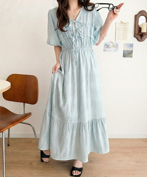 【mily bilet】1枚で華やぐ♪揺れ感シアーフリルリボンプリーツロングワンピース mi1019134