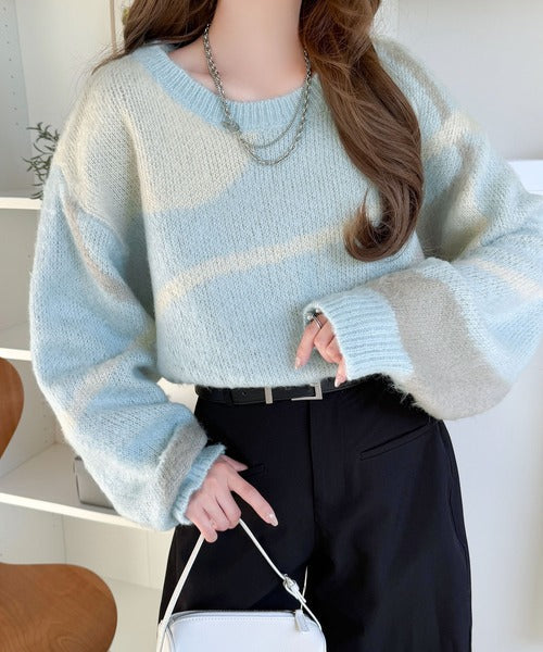 【mily bilet】きゅんモテニット♪柔らかな配色を、ふんわり軽やかに。ニュアンス柄短丈ニットプルオーバー mi1029208