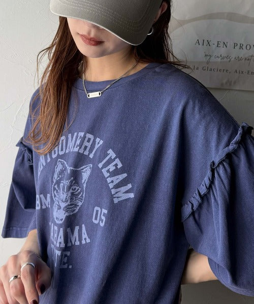 レディなヴィンテージスタイル。綿100％カレッジピグメント袖フリルTシャツ ce1020221