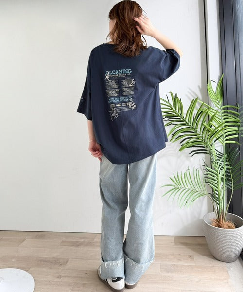 《JaVaジャバコラボ》男女お揃い可◎ヴィンテージムード漂う。綿100%バックムービーグラフィック 飛び刺繍オーバーサイズTシャツ（半袖） jv1260624