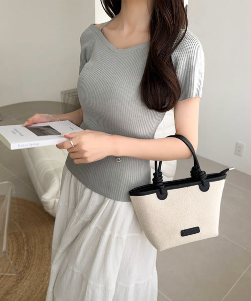 【mily bilet】お洒落この夏さらっと着れる♪チョーカーリボン紐付きサマーニットトップス(半袖) mi1029110