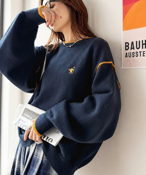ゆるっと上品、やさしく映える。胸刺繍入り配色クルーネックオーバーサイズニット（長袖） ce1350019