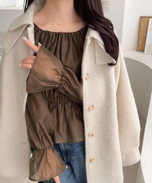 【mily bilet】シアー×ペプラムで、大人可愛く。キャンディスリーブシアーギャザーペプラムブラウス (長袖) (シアー) mi1019163