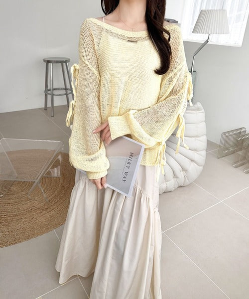 【mily bilet】大人のきらめき。プレートデザイン透かし編み袖リボンラメニット(ワンオフショル2way) mi1259009