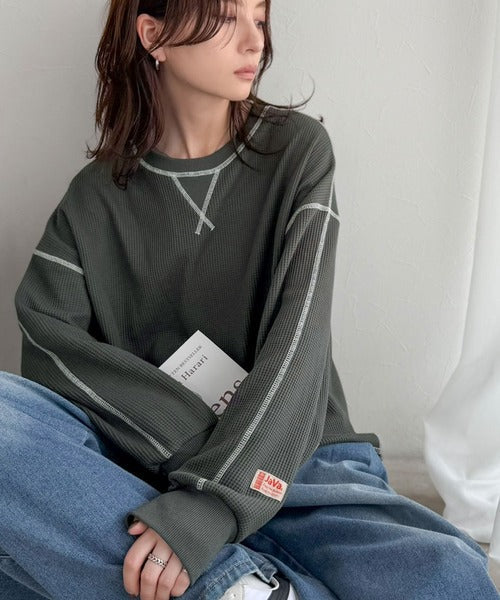 《JaVaジャバ 別注》シンプルなのに格上げ。2way配色ワッフルロンTee jv1260065