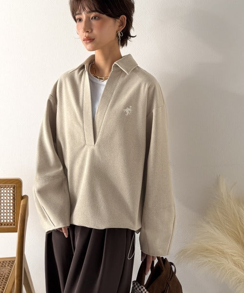 【Classical Evon】優しい温もり、上品見え。圧縮ニット襟付きキーネックプルオーバー ev1110143