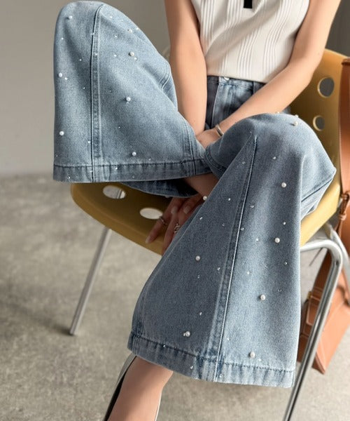 【mily bilet】カジュアルにきらめきを。パールビジューワイドストレートデニムパンツ mi1419001